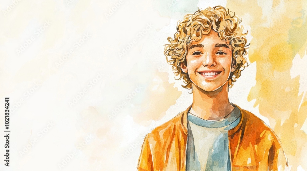 Fototapeta premium Teen Persian Man with Blond Curly Hair watercolor illustration.