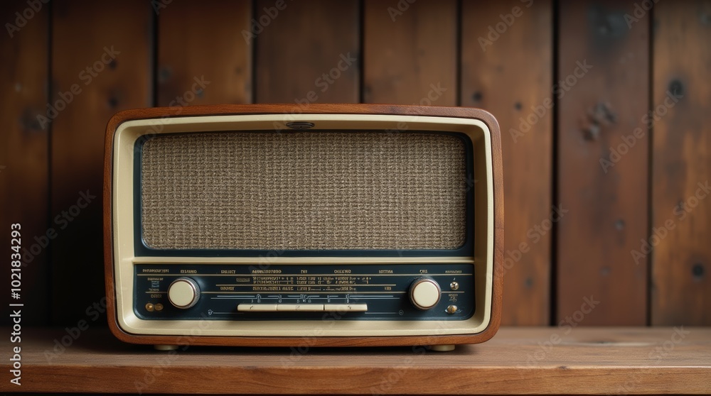 Fototapeta premium Vintage wooden radio on a wooden table against a rustic wooden backdrop captures a nostalgic ambiance of a cozy living space