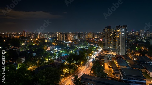 Wallpaper Mural Night cityscape aerial view with vibrant lights, city skyline, buildings, skyscrapers, roads, traffic Torontodigital.ca