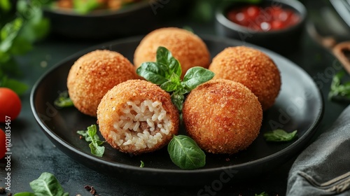 Four golden brown Arancini balls on a black plate, one cut open to reveal creamy risotto filling, garnished with basil leaves, tomato and ketchup in the background.