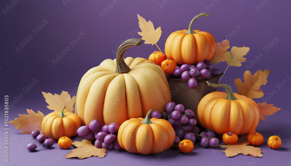 A colorful arrangement of pumpkins and grapes with autumn leaves placed on a purple backdrop, perfect for fall decor A colorful arrangement of pumpkins and grapes with autumn leaves placed on a purple backdrop, perfect for fall decor