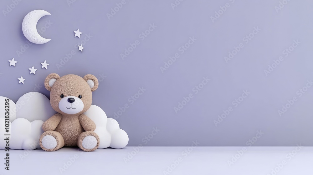 A playful scene features a teddy bear beside a rectangular blank space for writing, with a crescent moon and stars hanging over a soothing purple backdrop, creating a whimsical atmosphere. A playful scene features a teddy bear beside a rectangular blank space for writing, with a crescent moon and stars hanging over a soothing purple backdrop, creating a whimsical atmosphere.