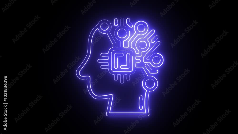 Glowing Neon Artificial Intelligence Icon Isolated on Black Background. HD Video Motion Graphic Animation Glowing Neon Artificial Intelligence Icon Isolated on Black Background. HD Video Motion Graphic Animation