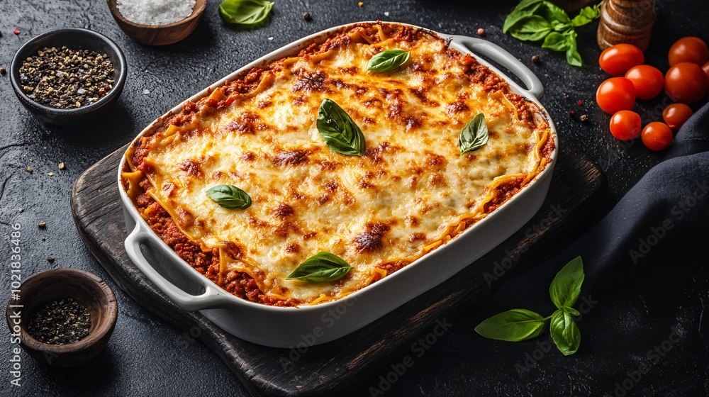 Classic lasagna with layers of pasta, ground meat, tomato sauce, and melted cheese Classic lasagna with layers of pasta, ground meat, tomato sauce, and melted cheese