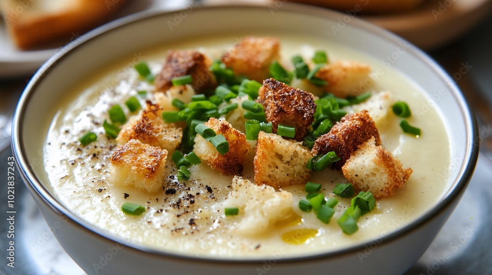 Creamy cauliflower soup garnished with truffle oil, crispy croutons, and fresh chives Creamy cauliflower soup garnished with truffle oil, crispy croutons, and fresh chives