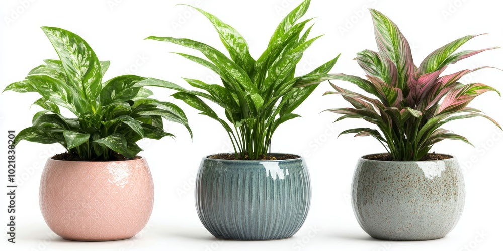 Fototapeta premium Three decorative potted plants display rich foliage in charming ceramic pots, enhancing a contemporary interior ambience