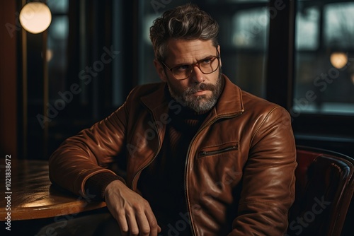 Handsome bearded man in leather jacket and eyeglasses sitting in cafe