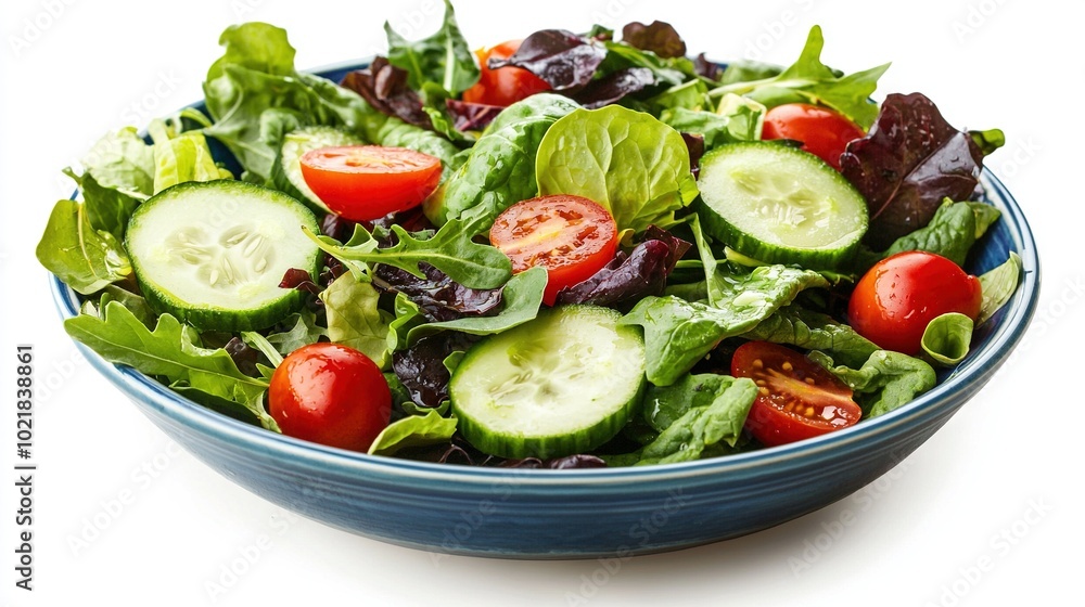 Cucumber, Tomato, Lettuce Salad in Blue Bowl on White Background Cucumber, Tomato, Lettuce Salad in Blue Bowl on White Background