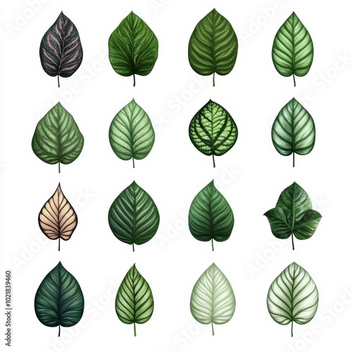 A grid of hand-drawn leaves showcasing diverse shapes and colors, highlighting their unique textures and patterns