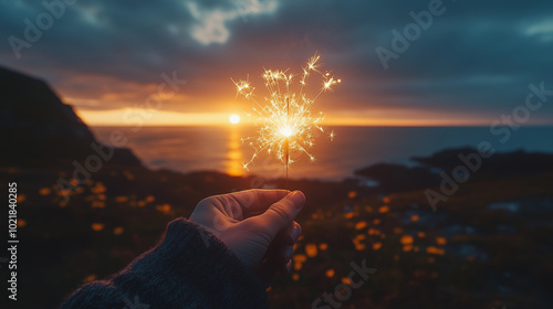 star firework against a seaside background, symbolizing prosperity and celebration for the new year, along with good energy and a positive lifestyle during the christmas season