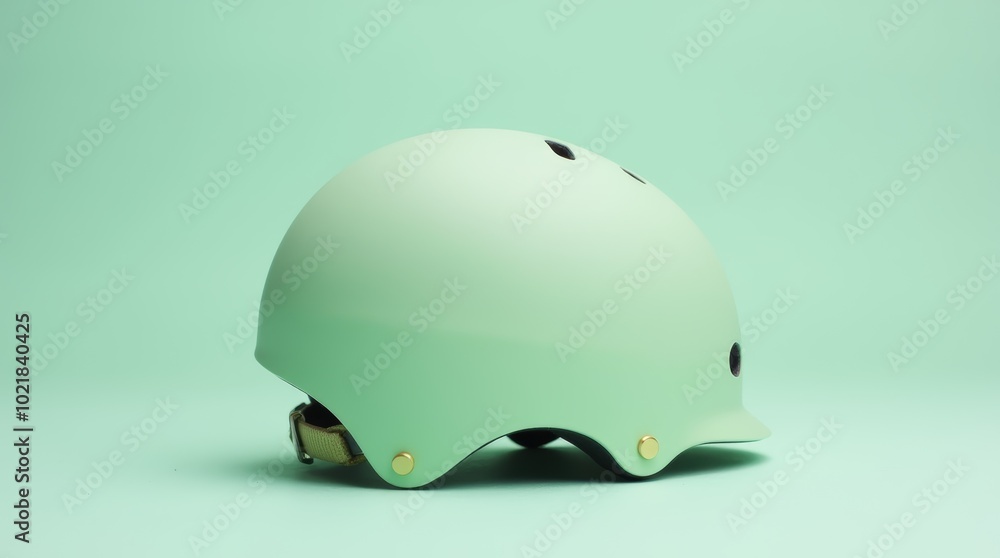 Fototapeta premium A stylish light green helmet displayed against a mint green background, showcasing its design and color in a simple yet appealing setup