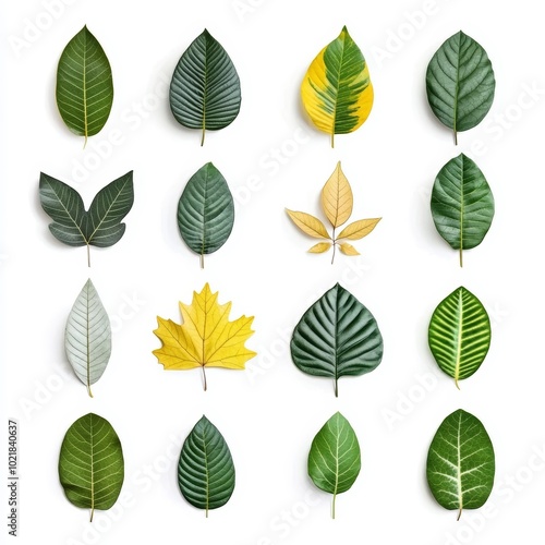 Various leaves are displayed in a grid, showcasing their unique shapes, colors, and textures against a plain white background