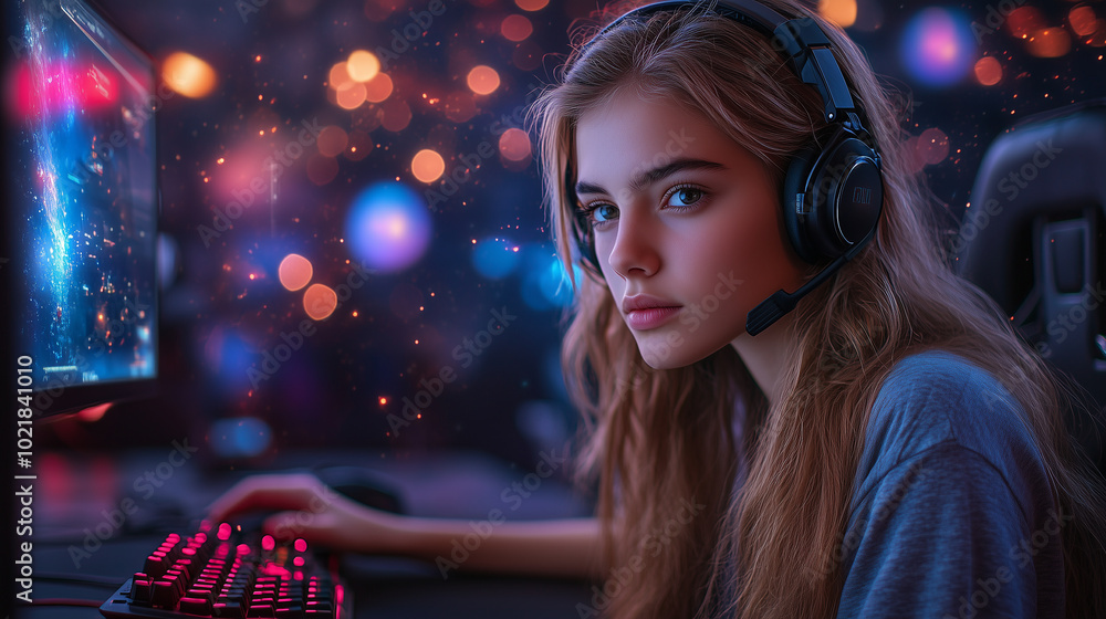 Female gamer using a high-performance joystick to navigate a space simulation game, with planets and stars visible in the background. Female gamer using a high-performance joystick to navigate a space simulation game, with planets and stars visible in the background.