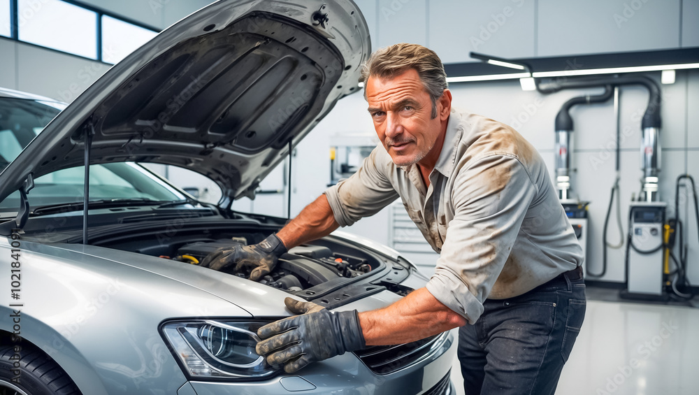 serious male auto mechanic near car hood in auto repair shop serious male auto mechanic near car hood in auto repair shop