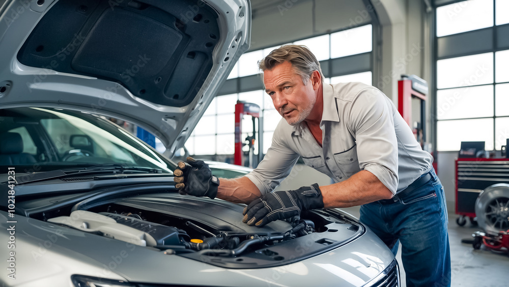 serious male auto mechanic near car hood in auto repair shop serious male auto mechanic near car hood in auto repair shop