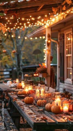 An outdoor dining area decorated with pumpkins and candles, surrounded by...