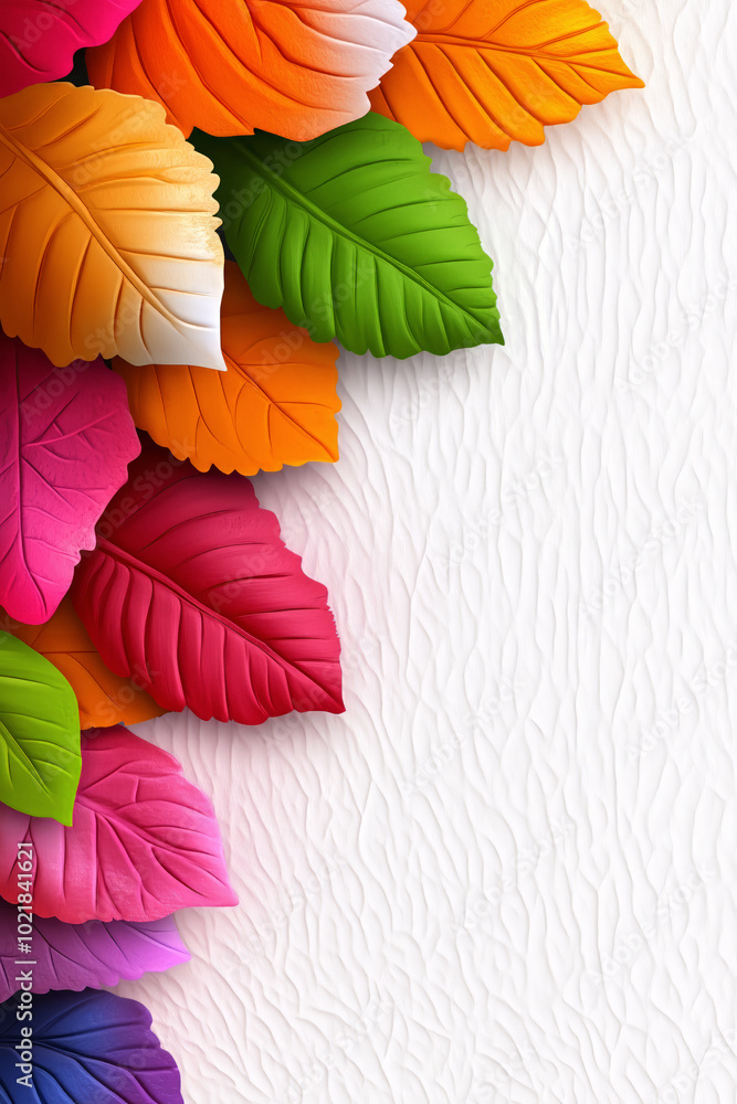 Fototapeta premium Vibrant autumn leaves in pink, orange, green, and yellow against textured white background, contrast evokes a playful, celebratory autumn feel. Concept: Playful autumn copy space
