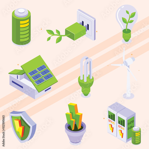 Isometric icons depicting renewable green energy sources and tools.
