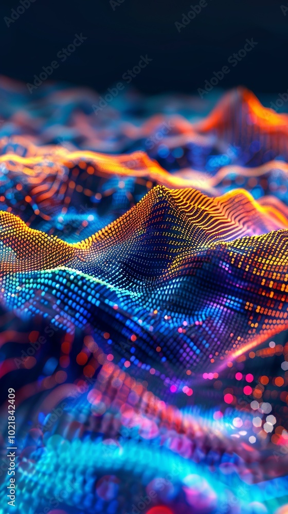 Digital landscape with glowing, colorful data points and sound waves, forming... Digital landscape with glowing, colorful data points and sound waves, forming...