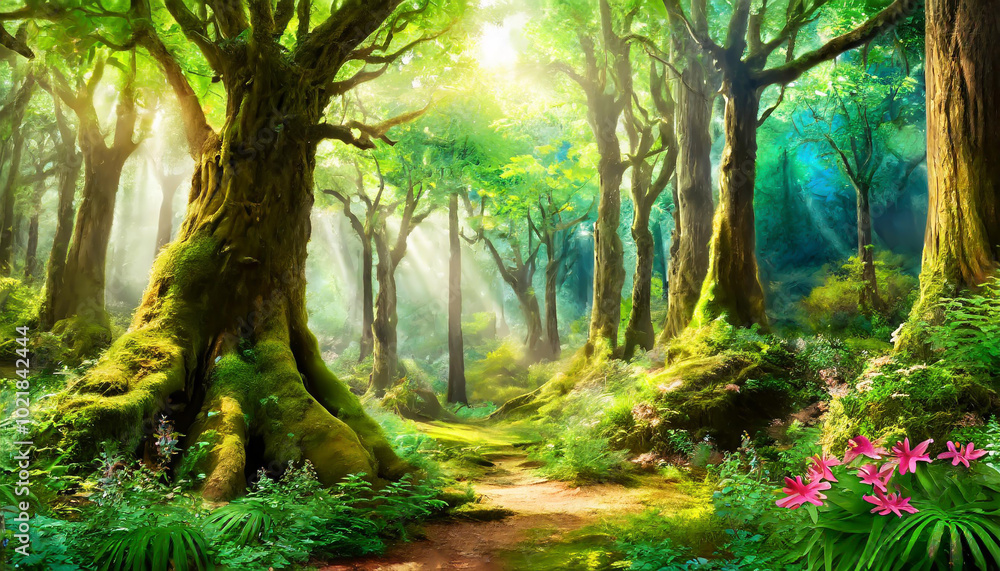 Naklejka premium Enchanted forest path with sun rays filtering through towering trees and vibrant foliage during a bright, serene afternoon