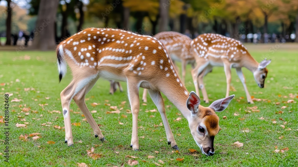 A group of deer grazes peacefully in a green meadow, enveloped in fog, set against a backdrop of majestic pine trees and distant hills A group of deer grazes peacefully in a green meadow, enveloped in fog, set against a backdrop of majestic pine trees and distant hills