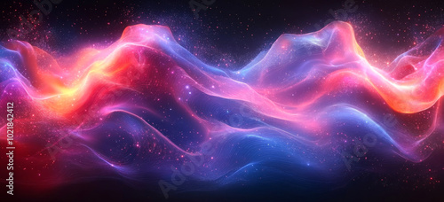 Vibrant colorful abstract waves in cosmic space. Colourful waves of light swirl against a dark background, creating a mesmerising cosmic spectacle that captivates the viewer's attention.