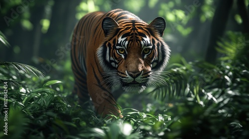 A majestic tiger walks through a dense green jungle, its stripes and piercing gaze captivating the viewer.