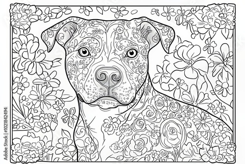 Wallpaper Mural Adult Coloring Page, Floral Dog Portrait, Intricate Design, Pit Bull, Flowers, Relaxation Torontodigital.ca