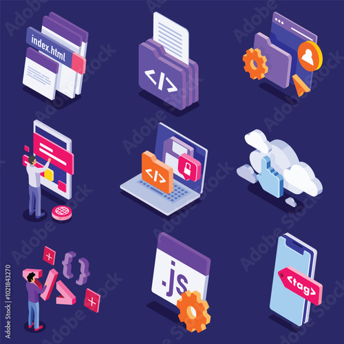 Isometric icons depicting programming and coding-related activities.