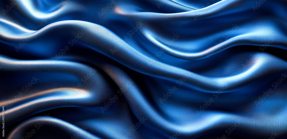 Obraz premium Luxurious blue satin fabric draped gracefully. The smooth blue satin fabric flows elegantly, showcasing its soft texture and sheen under warm lighting, creating a rich visual appeal.
