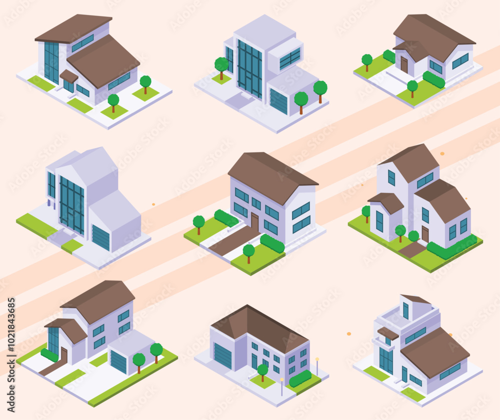 Isometric icons of private houses and residential buildings. Isometric icons of private houses and residential buildings.