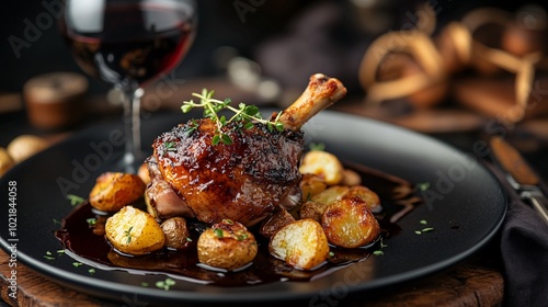 Luxurious duck confit with crispy skin, served over roasted potatoes and a rich red wine reduction
