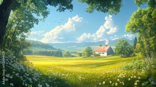 A picturesque countryside scene with a white farmhouse nestled in a valley surrounded by rolling hills, green trees, and a field of wildflowers.