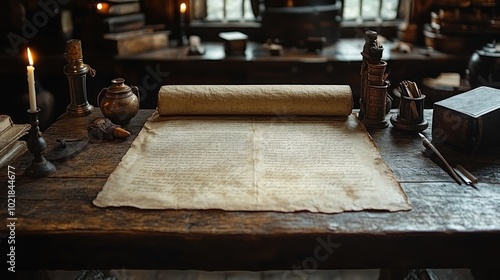 An old wooden desk with a rolled up parchment, an inkwell and a quill pen in a dimly lit room.