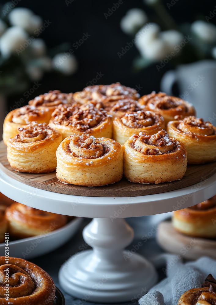 Freshly baked cinnamon rolls on a wooden stand. A beautifully arranged tower of cinnamon rolls topped with nuts sits on a wooden stand, surrounded by elegant decor. Freshly baked cinnamon rolls on a wooden stand. A beautifully arranged tower of cinnamon rolls topped with nuts sits on a wooden stand, surrounded by elegant decor.