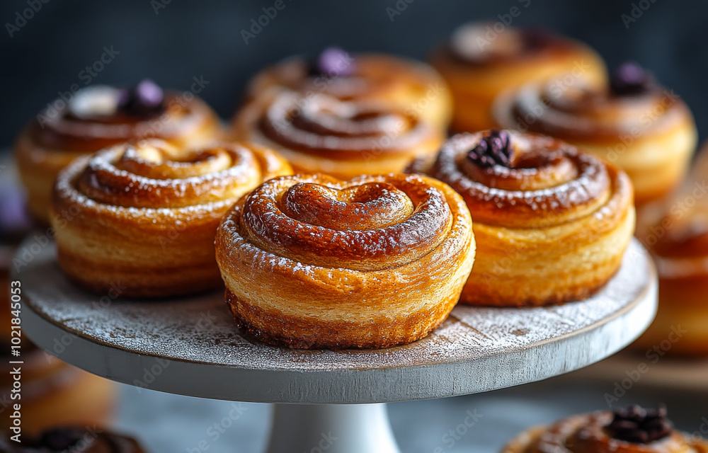Freshly baked sweet rolls on a display stand. Deliciously crafted sweet rolls are showcased on a stand, highlighting their golden brown crust and tempting swirl of filling. Freshly baked sweet rolls on a display stand. Deliciously crafted sweet rolls are showcased on a stand, highlighting their golden brown crust and tempting swirl of filling.