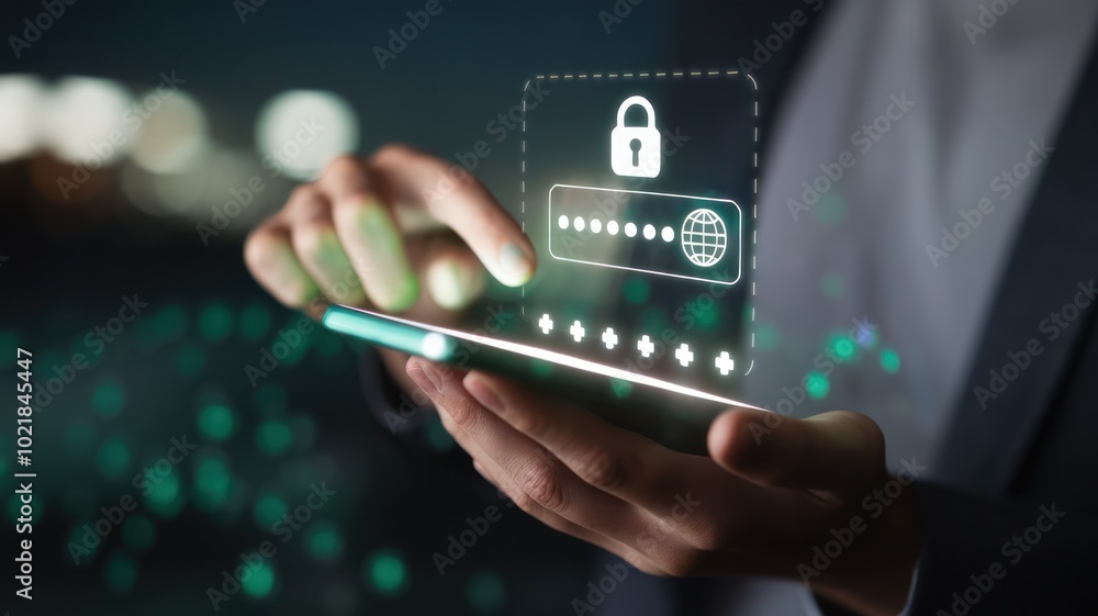 A person using a smartphone with a digital security interface, emphasizing online protection and password safety, set against a dark, tech-inspired background. A person using a smartphone with a digital security interface, emphasizing online protection and password safety, set against a dark, tech-inspired background.