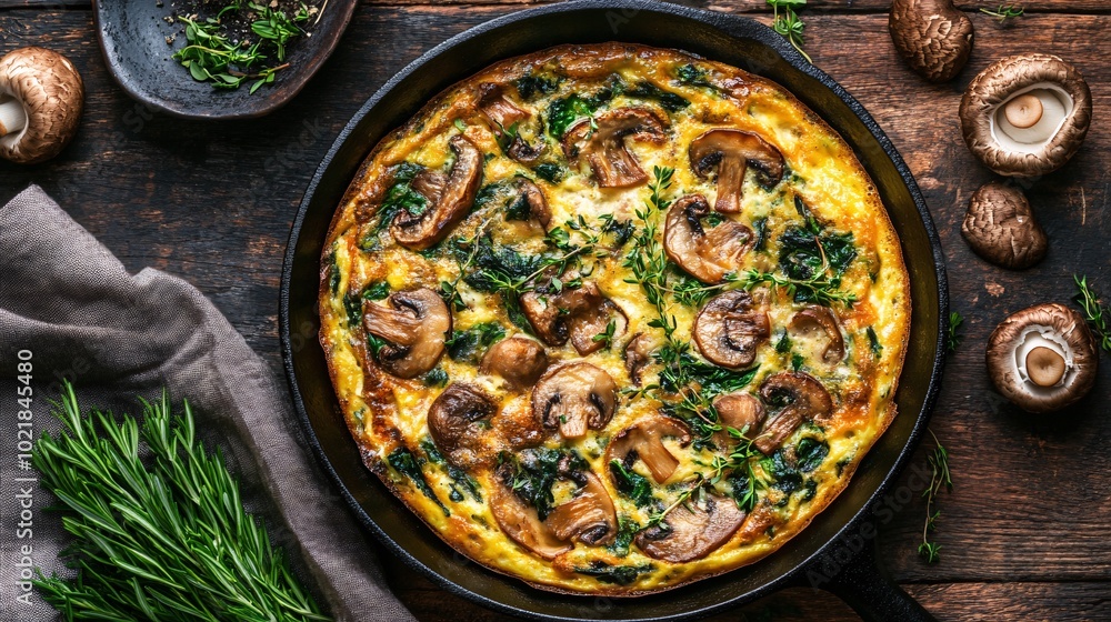 Rustic mushroom and spinach frittata in a cast-iron skillet, garnished with fresh herbs Rustic mushroom and spinach frittata in a cast-iron skillet, garnished with fresh herbs