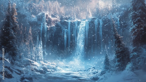 A majestic waterfall cascades down a snowy mountainside, surrounded by tall, snow-covered trees. The sun shines brightly through the falling snow, creating a magical atmosphere.