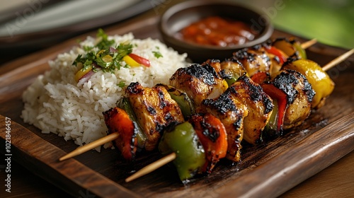 Smoky chargrilled skewers with chicken, peppers, and onions, served on a rustic wooden plate with a side of rice