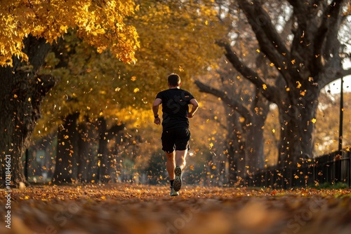 A man running in an autumn park, surrounded by trees with golden leaves and falling petals Generative AI