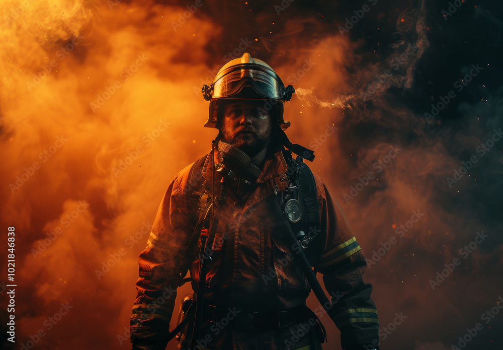 Fireman in smoke. Firefighter man in fire. Emergency firefighting in action. Firemen in fog. Fighter in uniform and helmet Fireman in smoke. Firefighter man in fire. Emergency firefighting in action. Firemen in fog. Fighter in uniform and helmet
