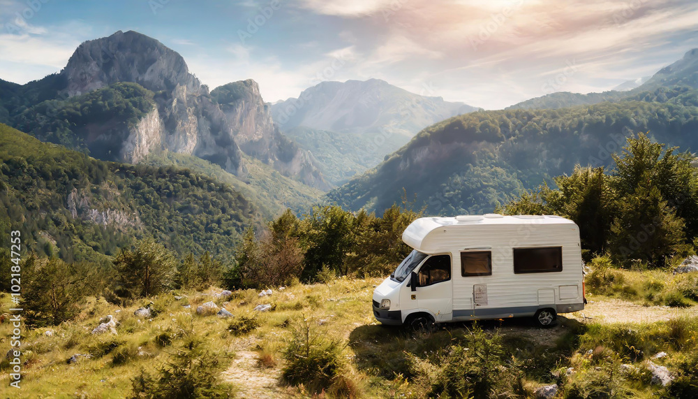 A camper van parked in a scenic mountain landscape during a beautiful sunset in a tranquil outdoor setting A camper van parked in a scenic mountain landscape during a beautiful sunset in a tranquil outdoor setting