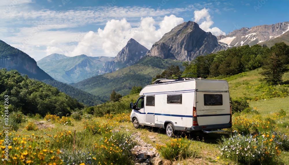 A camper van parked in a scenic mountain landscape surrounded by vibrant wildflowers and green fields during a bright daylight A camper van parked in a scenic mountain landscape surrounded by vibrant wildflowers and green fields during a bright daylight