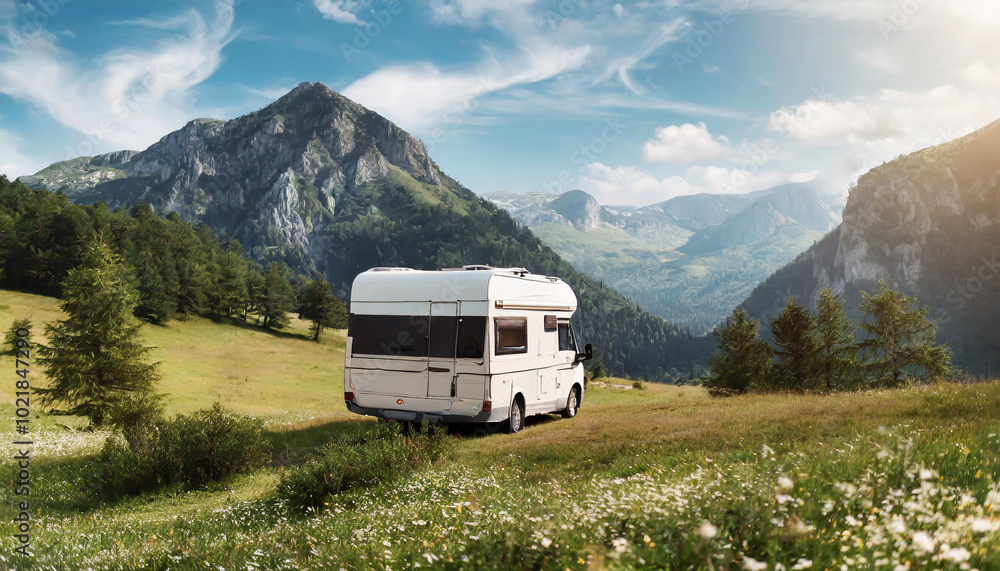A recreational vehicle parked in a serene mountain landscape during a sunny afternoon in early summer A recreational vehicle parked in a serene mountain landscape during a sunny afternoon in early summer