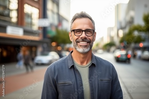 portrait of handsome middle aged man with glasses in the city street