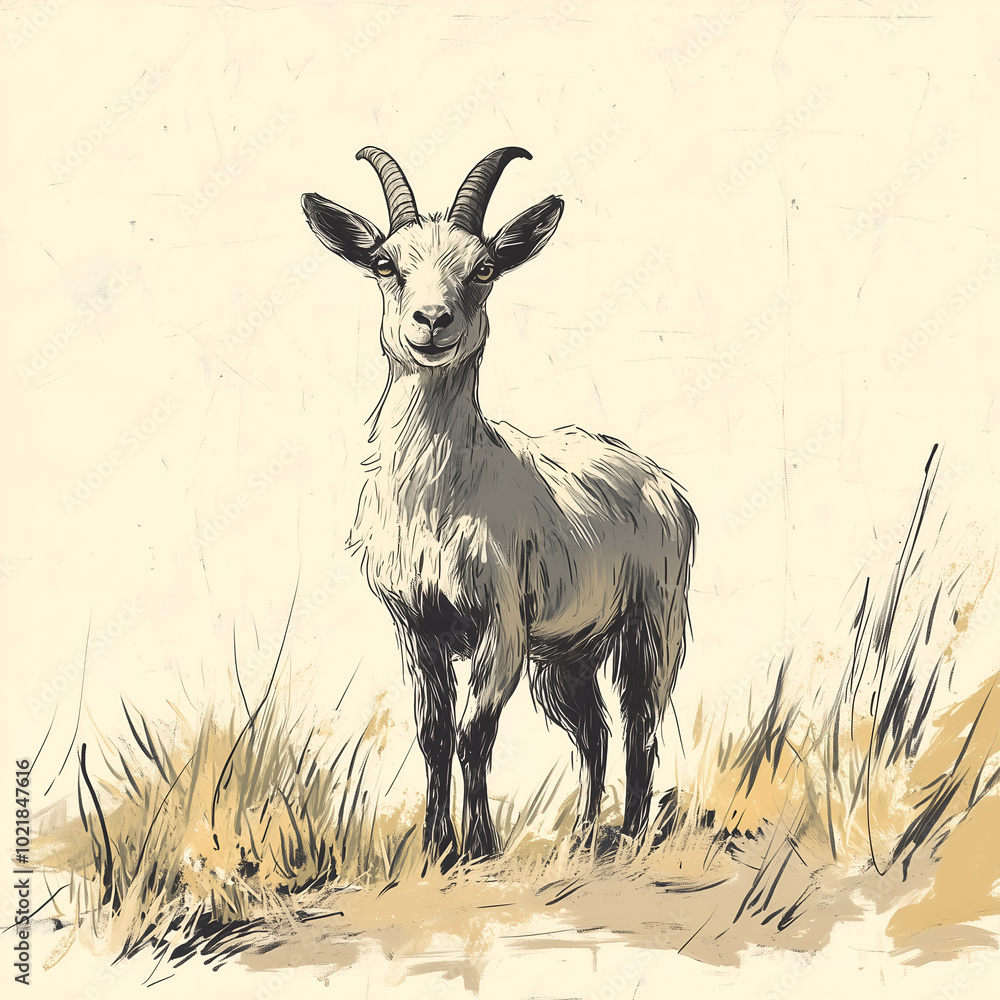 A stylized sketch of a standing goat with curved horns, drawn in soft earthy tones on a light beige background. 