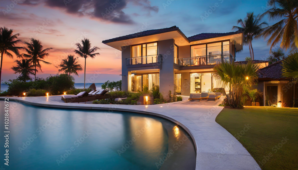 Luxurious beachfront villa at sunset with palm trees and a serene swimming pool under a colorful sky Luxurious beachfront villa at sunset with palm trees and a serene swimming pool under a colorful sky