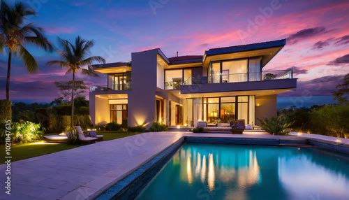 Stunning contemporary villa by the poolside at sunset with vibrant colors in the evening sky