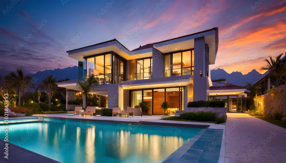 Modern villa with a swimming pool at dusk surrounded by mountains and palm trees in a tranquil landscape Modern villa with a swimming pool at dusk surrounded by mountains and palm trees in a tranquil landscape